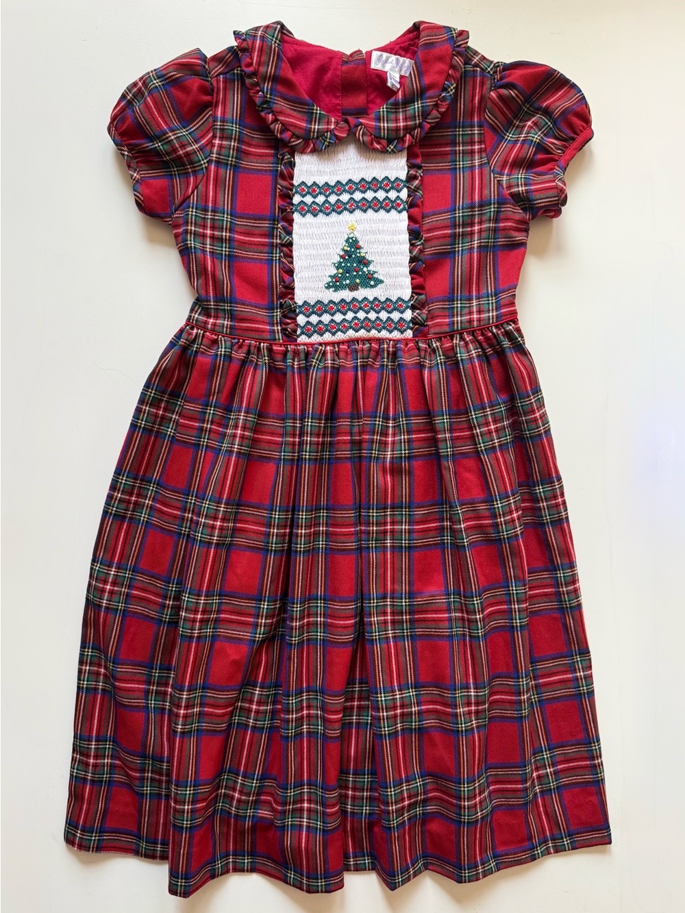 Rachel Riley Girls Plaid Christmas Tree Smocked Dress - Size 8Y